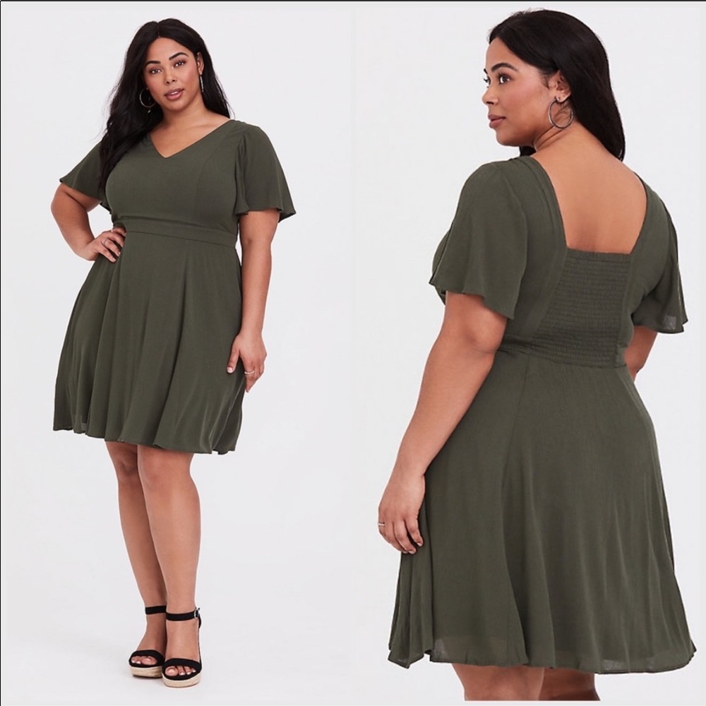 Torrid Gauze Flutter Sleeve Skater Dress Olive 2